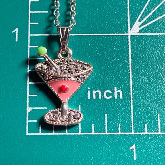 Martini Cocktail Drink Cup Glass Charm Necklace Pendant Pink Enamel 18" Chain - Picture 8 of 9